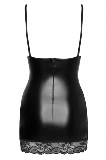 F282 Kurzes Powerwetlook Kleid mit Spitzeneinsätzen schwarz