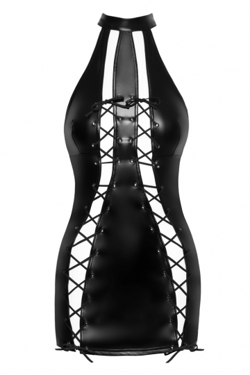 F291 Powerwetlook Kleid mit doppelter Schnürung vorne schwarz