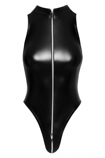 F294 Powerwetlook Bodysuit mit Frontreißverschluss schwarz