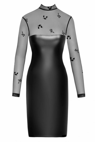 F310 halblanges Powerwetlook Kleid mit Tüll schwarz