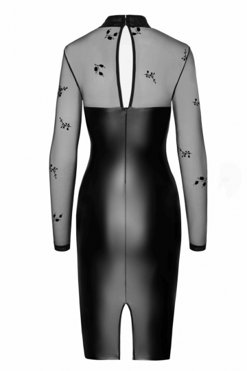 F310 halblanges Powerwetlook Kleid mit Tüll schwarz